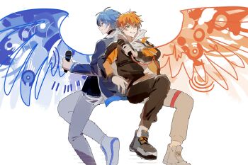 Rule 34 | 2boys, aoyagi touya, blonde hair, blue eyes, blue hair, clenched teeth, closed mouth, dayud11, floating clothes, green eyes, grey pants, hair between eyes, highres, holding, holding microphone, hood, hoodie, jacket, jacket over hoodie, layered clothes, long sleeves, male focus, microphone, mole, mole under eye, multicolored hair, multiple boys, open clothes, open jacket, orange hair, pants, project sekai, shinonome akito, short hair, smile, split-color hair, streaked hair, teeth, two-tone hair, white background, white hoodie