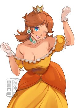 1girl adapted_costume bare_shoulders beneceadraws blue_eyes blush breasts brown_hair cleavage collarbone crown dress earrings flipped_hair flower_earrings gloves gold_crown highres jewelry large_breasts long_hair looking_at_viewer mario_(series) nintendo off-shoulder_dress off_shoulder one_eye_closed open_mouth orange_dress princess_daisy puffy_sleeves short_sleeves simple_background smile solo teeth upper_teeth_only white_background white_gloves yellow_dress