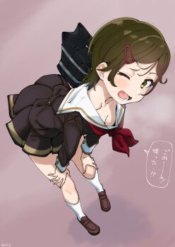 Rule 34 | 1girl, bag, blush, breasts, breath, brown eyes, brown hair, cleavage, downblouse, hair ornament, hairpin, hands on own knees, heavy breathing, hibike! euphonium, highres, hizikit, katou hazuki, kitauji high school uniform, leaning forward, light brown background, loafers, medium breasts, neckerchief, one eye closed, open mouth, red neckerchief, school bag, school uniform, serafuku, shoes, short hair, socks, solo, sweat, white socks, winter uniform