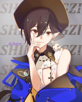 1girl absurdres arknights bare_shoulders blue_jacket brown_hair brown_hat chinese_commentary closed_mouth commentary_request creature creature_on_shoulder davidya147 earrings entelechia_(arknights) entelechia_(dazzling_blue)_(arknights) flower_earrings hair_between_eyes hand_on_own_cheek hand_on_own_face hand_to_own_mouth hat highres jacket jewelry looking_at_viewer mole mole_under_eye off_shoulder official_alternate_costume on_shoulder orange_eyes pointy_ears shirt short_hair sleeveless sleeveless_shirt smile solo star-shaped_pupils star_(symbol) symbol-shaped_pupils upper_body white_shirt