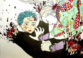 1boy 1girl 59awakadoy amputee black_jacket blonde_hair blood blood_drop blood_on_face blue_hair bone commentary_request cracked_skin crossed_bandaids death deep_wound earrings exposed_bone gakuran green_kimono guro highres injury jacket japanese_clothes jewelry kimono lipstick long_hair long_sleeves makeup amputee open_mouth orange_eyes original red_lips school_uniform short_hair stitched_forehead stitches stud_earrings torn_clothes twintails very_short_hair