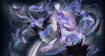 Rule 34 | 1girl, abstract background, absurdres, alternate costume, alternate universe, chinese commentary, commentary request, dragon, electricity, faceless, faceless female, floating, from behind, genshin impact, glowing, headpiece, highres, japanese clothes, long hair, low-tied long hair, powering up, purple hair, raiden shogun, raiden shogun (magatsu mitake narukami no mikoto), tomoe (symbol), yuru4086