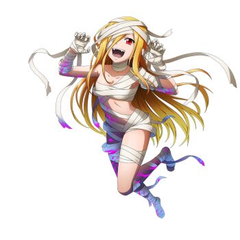 1girl bandage_over_one_eye bandaged_hand bandaged_leg bandages bandages_around_chest bare_shoulders barefoot blonde_hair blood blood_on_arm blood_on_leg bloody_bandages collarbone evileye_(overlord) fangs hair_over_one_eye long_hair looking_at_viewer mummy_costume navel no_bra no_panties nude official_art one_eye_covered overlord_(maruyama) red_eyes smile solo topless_female transparent_background ultraviolet_light vampire