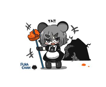 +++ 1girl animal_ears black_dress character_name cheese chibi collared_dress commentary_request dress elbow_gloves food fuka-chan gloves grey_eyes grey_gloves grey_hair grey_pantyhose highres holding kemonomimi_mode mouse_ears mouse_girl mouse_hole mouse_tail open_mouth original pantyhose puffy_short_sleeves puffy_sleeves sea_urchin shadow short_eyebrows short_sleeves simple_background solo standing tail teeth thick_eyebrows uni_souchou upper_teeth_only v-shaped_eyebrows white_background