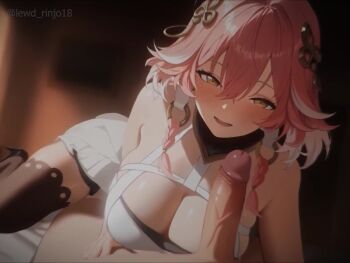 1boy 1girl ahoge animated artist_name braid braided_sidelock breasts brown_eyes changli_(wuthering_waves) cleavage cum cum_in_mouth dutch_angle hair_between_eyes hair_ornament high_heels highres indoors large_breasts large_penis looking_at_viewer medium_hair oral penis pink_hair pov pov_crotch rinjo18 sidelocks sound tagme thighhighs uncensored veins veiny_penis video wuthering_waves