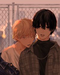 Rule 34 | 2boys, black eyes, black hair, blonde hair, blurry, blurry background, chain-link fence, chainsaw man, collared shirt, commentary request, denji (chainsaw man), expressionless, fence, grey shirt, hair between eyes, head on another&#039;s shoulder, highres, jubileeleep, male focus, mole, mole under mouth, multiple boys, open clothes, open shirt, outdoors, parted lips, shirt, sunset, teeth, white shirt, yaoi, yellow eyes, yoshida hirofumi