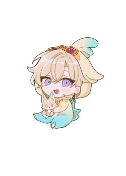 1boy 1owo_owo1 :d animal aventurine_(honkai:_star_rail) aventurine_(origami_bird)_(honkai:_star_rail) bird_costume blue_eyes blush_stickers chibi chibi_only diamond-shaped_pupils diamond_(shape) dot_nose eyewear_on_head fox hair_between_eyes highres holding holding_animal honkai:_star_rail honkai_(series) looking_at_viewer male_focus multicolored_eyes open_mouth parted_bangs purple_eyes simple_background single_blush_sticker sitting smile solo symbol-shaped_pupils two-tone_eyes white_background yellow-framed_eyewear