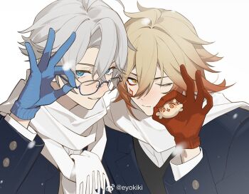 Rule 34 | 2boys, alternate costume, antenna hair, arm tattoo, black vest, blonde hair, blue eyes, blue gloves, blue jacket, braid, chest tattoo, commentary, commentary request, english commentary, eyokiki, facial tattoo, glasses, gloves, gradient hair, honkai: star rail, honkai (series), jacket, layered sleeves, long sleeves, looking at viewer, male focus, medium hair, mixed-language commentary, multicolored hair, multiple boys, mydei (fig stew) (honkai: star rail), mydei (honkai: star rail), one eye closed, parted bangs, phainon (honkai: star rail), red gloves, red hair, red tattoo, scarf, shirt, short hair, side braid, tattoo, vest, watermark, weibo watermark, white hair, white scarf, white shirt, winter clothes, yellow eyes