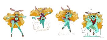 Rule 34 | 1girl, absurdres, alternate form, animal ears, bare legs, bare shoulders, big hair, bishoujo senshi sailor moon, bishoujo senshi sailor moon supers, blonde hair, breasts, candy girl, cavitees, cleavage, closed eyes, colored skin, covered navel, curvy, defeat, demon girl, detached collar, evil smile, eyelashes, fake animal ears, fangs, glaring, highleg, highleg leotard, highres, jumping, large breasts, legs together, lemures (sailor moon), leotard, long hair, looking at viewer, monster girl, motion lines, parted lips, peropero (sailor moon), playboy bunny, purple leotard, rabbit ears, red vest, revealing clothes, sequential, sharp teeth, slime girl, smile, splashing, surprised, sweat, teeth, transformation, very long hair, vest, wavy hair, white background, white detached collar, white wrist cuffs, wrist cuffs