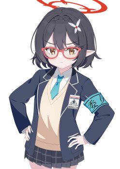 1girl :t absurdres abydos_high_school_logo armband ayane_(blue_archive) baozi_9527 black_hair black_jacket black_skirt blue_archive blue_armband blue_necktie braid commentary crown_braid glasses hair_ornament halo hands_on_own_hips highres jacket necktie pleated_skirt pointy_ears red_halo shirt short_hair simple_background skirt solo sweater_vest thighs v-shaped_eyebrows white_background white_shirt yellow_eyes yellow_sweater_vest