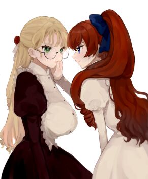 2girls annelise_flagellum_(niboshi) apron black_dress blonde_hair blue_bow blue_eyes borrowed_character bow breasts choppy_bangs dress drill_hair eye_contact face-to-face frilled_apron frills glasses green_eyes hair_bow half_updo hand_on_another&#039;s_face juliet_sleeves large_breasts long_hair long_sleeves looking_at_another master_and_servant multiple_girls niboshi_(nihoshiebi) original puffy_sleeves red_hair round_eyewear semi-rimless_eyewear simple_background troja_von_richtofen_(eurasia) two_side_up white_apron white_background white_dress yuri