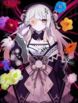 Rule 34 | 1girl, closed mouth, commentary request, dress, floral background, floral print, flower, flower in eye, frilled dress, frills, hair ornament, hat, highres, hime cut, iikamosirenaine, japanese clothes, long hair, magical girl, mahou shoujo no inshuu mura, orange hair, symbol in eye, watanuki sakuya (manomura), white hair, wide sleeves