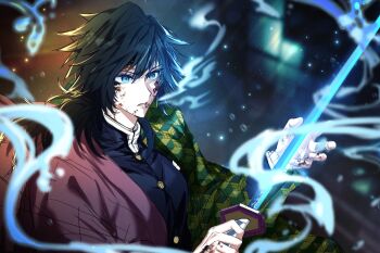 1boy 7hae9 black_hair black_jacket blood blood_on_face blue_eyes buttons demon_slayer_uniform gold_buttons hair_between_eyes haori high_collar highres holding holding_sword holding_weapon jacket japanese_clothes katana kikkoumon kimetsu_no_yaiba long_hair low_ponytail male_focus parted_lips ponytail print_haori red_haori solo spiked_hair sword teeth tomioka_giyuu upper_body water weapon