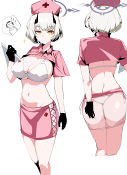 1boy 1girl absurdres ass bikini black_gloves black_hair blue_archive breasts cleavage closed_mouth collared_shirt cross doodle_sensei_(blue_archive) gloves grey_halo halo hat highres kneepits large_breasts looking_at_viewer multiple_views navel nurse_cap pink_headwear pink_shirt pink_skirt plentyofempty red_cross sena_(blue_archive) sensei_(blue_archive) shirt short_hair short_sleeves simple_background skirt swimsuit white_background white_bikini white_hair yellow_eyes