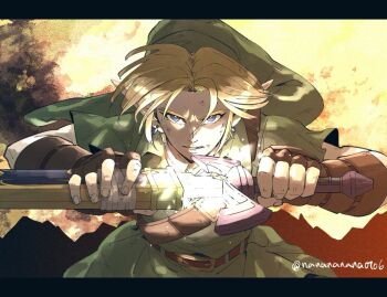 1boy blonde_hair earrings fingerless_gloves gloves green_hat green_tunic hat jewelry link looking_at_viewer male_focus master_sword nanananana0706 nintendo parted_lips phrygian_cap pointy_ears serious sheath solo straight-on sword the_legend_of_zelda the_legend_of_zelda:_ocarina_of_time tunic unsheathing upper_body vambraces weapon