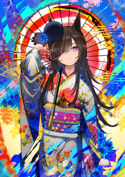 Rule 34 | 1girl, animal ears, blue flower, blue rose, brown hair, floral print, flower, hair ornament, hair over one eye, hat, hat flower, highres, holding, holding umbrella, horse ears, horse girl, japanese clothes, kimono, long hair, long sleeves, looking at viewer, print kimono, purple eyes, red umbrella, rice shower (umamusume), rose, smile, solo, tilted headwear, umamusume, umbrella, wide sleeves, yomean!
