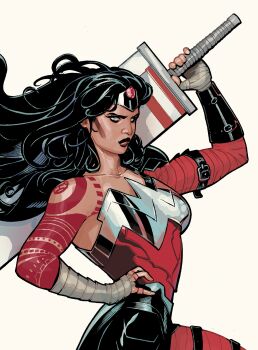 1girl absolute_dc absolute_wonder_woman arm_tattoo artist_collaboration black_hair dc_comics hand_on_own_hip highres holding holding_sword holding_weapon long_hair looking_at_viewer official_alternate_costume over_shoulder rachel_dodson red_tattoo simple_background solo sword tattoo terry_dodson tiara weapon weapon_over_shoulder white_background wonder_woman