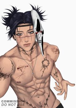 1boy absurdres aransmind arm_tattoo artist_name black_hair blood blood_on_cheek blood_on_chest blood_on_face blood_on_mask blood_on_shoulder chest_tattoo choso_(jujutsu_kaisen) commission cosplay cowboy_shot cracked_mask cyber_sigilism ear_piercing eyebrow_piercing eyeshadow face_piercing full-body_tattoo ghost_mask ghostface ghostface_(cosplay) highres ibispaint_(medium) jewelry jujutsu_kaisen lip_piercing male_focus male_pubic_hair mask mask_on_head neck_tattoo piercing plug_(piercing) pubic_hair purple_eyes red-eye_effect ring scar scar_across_eyebrow scar_across_eyes scar_on_chest scar_on_face scar_on_nose scar_on_stomach selfie shoulder_tattoo simple_background smokey_eyeshadow tattoo white_background