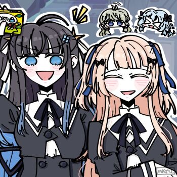 >_< 4girls :d ^_^ ahoge ahoge_wag arm_at_side arm_under_breasts arm_up artist_name assault_lily black_bow black_hair black_ribbon black_skirt blue_eyes blue_flower blue_hair blue_ribbon blunt_bangs bow box brown_hair buttons chibi chibi_inset closed_eyes commentary_request cropped_jacket expressive_hair facing_viewer flower gradient_hair grey_hair hair_bow hair_flower hair_ornament hair_ribbon hairclip hand_up head_only high-waist_skirt holding holding_box juliet_sleeves kanabako_misora kinoko_no_yama long_hair long_sleeves looking_at_viewer mayu_(yu_e1602) mori_tatsuki motion_lines mozuna_noa multicolored_hair multiple_girls neck_ribbon notice_lines open_mouth puffy_sleeves ribbon school_uniform shirt side-by-side sidelocks skirt smile tada_shiera two-tone_hair two_side_up upper_body v-shaped_eyebrows very_long_hair white_ribbon white_shirt yurigaoka_girls_academy_school_uniform