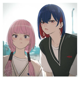 2girls black_sweater_vest blue_eyes blue_hair blunt_bangs blurry blurry_background blush border brown_sweater_vest closed_mouth colored_inner_hair commentary earrings hair_behind_ear hair_tubes half-closed_eyes highres isshiki_(ffmania7) jewelry kaf_(kamitsubaki_studio) kamitsubaki_studio lips long_hair looking_at_viewer making_faces multicolored_eyes multicolored_hair multiple_girls pink_hair pout red_eyes red_hair rim_(kamitsubaki_studio) shirt short_hair short_sleeves signature sweater_vest symbol-only_commentary twitter_username upper_body v-shaped_eyebrows virtual_youtuber white_border white_shirt yellow_pupils