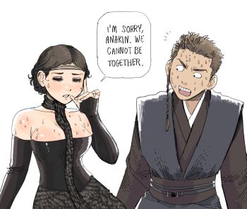 1boy 1girl anakin_skywalker bare_shoulders black_hair breasts brown_hair brown_tunic closed_eyes commentary detached_sleeves dress english_text eyelashes eyeshadow heidi_(heytherenrds) highres jedi long_sleeves looking_at_another makeup medium_breasts mole mole_on_cheek off-shoulder_dress off_shoulder padme_amidala parted_lips purple_eyeshadow short_hair simple_background speech_bubble star_wars star_wars:_attack_of_the_clones sweat tunic upper_body white_background