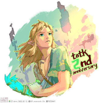 Rule 34 | 1boy, archaic set (zelda), brown hair, commentary request, fuyumaru mominoki, glowing arm, green tunic, highres, link, looking afar, male focus, medium hair, nintendo, parted lips, pointy ears, single bare shoulder, solo, the legend of zelda, the legend of zelda: tears of the kingdom, tunic