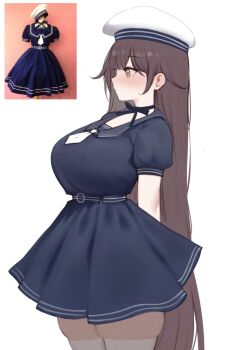 arms_behind_back blue_sailor_collar breasts brown_eyes brown_hair commentary dress english_commentary hat highres indie_virtual_youtuber large_breasts long_hair reference_inset sailor_collar sailor_dress sailor_hat simple_background skindentation sky_above_me sky_above_me_(vtuber) virtual_youtuber white_background