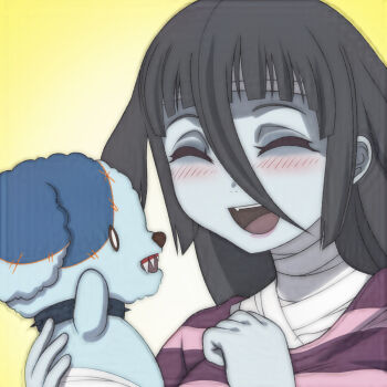 1girl animal bandaged_chest bandaged_neck bandages black_hair blue_fur blush breasts closed_eyes collar colored_skin dog fang grey_skin headband holding holding_animal holding_dog large_breasts long_hair open_mouth purple_shirt romero_(zombie_land_saga) sharp_teeth shirt smile spiked_collar spikes stitches striped_clothes striped_shirt t_jiroo_(ringofriend) teeth twintails upper_body yamada_tae yellow_background zombie zombie_land_saga