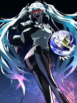 Rule 34 | 1girl, absurdres, alternate costume, black gloves, black jacket, black necktie, black pants, blue hair, breasts, collared shirt, cowboy shot, crossed legs, earth (planet), floating, gloves, glowing, hatsune miku, headphones, headset, heartbreak juan, highres, holding, holding microphone, jacket, kamina shades, long hair, looking at viewer, microphone, multicolored hair, necktie, open mouth, pants, parted lips, pink hair, pitbull (singer), planet, pointing, pointing up, real life, shirt, sitting, sky, smile, solo, space, star (sky), star (symbol), starry background, starry hair, starry sky, tengen toppa gurren lagann, thighhighs, thighs, twintails, very long hair, vocaloid, worldwide miku