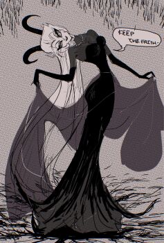 1girl absurdly_long_hair black_dress black_gloves demon_girl demon_horns dress elbow_gloves gloves greyscale hazbin_hotel hellaverse hiden_song highres horns lilith_(hazbin_hotel) long_hair looking_at_viewer monochrome solo very_long_hair