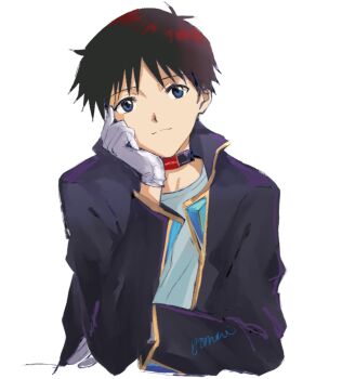 1boy alternate_costume black_hair blue_eyes dss_choker evangelion:_3.0_you_can_(not)_redo gloves highres ikari_shinji jacket male_focus neon_genesis_evangelion rebuild_of_evangelion short_hair simple_background solo upper_body white_background white_gloves yorumi1117