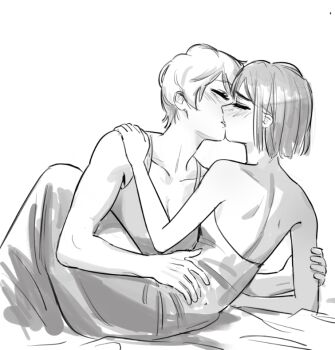 2girls alien_stage backless_dress backless_outfit bare_arms blush breasts cleavage closed_eyes commentary dress english_commentary greyscale kiss mizi_(alien_stage) monochrome multiple_girls short_hair strapless strapless_dress sua_(alien_stage) valerie_vie01 yuri