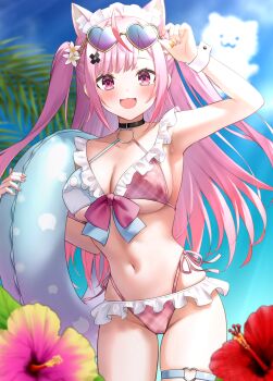 1girl :3 :d adjusting_eyewear ahoge alternate_costume animal_ears arm_up armpits bikini black_choker blue_sky breasts cameltoe cat_ears cat_girl choker cleavage cloud commentary_request extra_ears faubynet frilled_bikini frills front-tie_bikini_top front-tie_top heart heart-shaped_eyewear heart_o-ring highleg highleg_bikini highres holding holding_swim_ring indie_virtual_youtuber innertube large_breasts long_hair looking_at_viewer maid_headdress navel o-ring o-ring_thigh_strap open_mouth outdoors palm_leaf pink_hair pink_nails purple_eyes revision side-tie_bikini_bottom sky smile solo stomach sunglasses swept_bangs swim_ring swimsuit thigh_strap two_side_up virtual_youtuber white_wrist_cuffs wrist_cuffs yuuki_sakuna