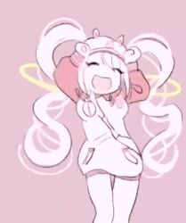 &gt;_&lt; 1girl :d alice_(nikke) alice_(sweet_home)_(nikke) animal_ear_headwear animal_hat animated arms_up baseball_cap breasts caramelldansen closed_eyes dancing facing_viewer fake_animal_ears floating_headgear goddess_of_victory:_nikke grey_hair hair_through_headwear hat hood hood_down hoodie long_hair long_sleeves medium_breasts mutsui official_alternate_costume open_mouth pants parody pink_hoodie pink_sleeves rabbit_hat rabbit_pose shoulder_strap sidelocks smile solo tagme twintails two-tone_hoodie video white_hoodie xd yoga_pants