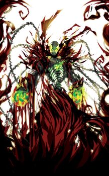 Rule 34 | 1boy, cape, chain, demon, glowing, glowing eyes, green eyes, image comics, image sample, magic, male focus, skeleton, skull, solo, spawn (comic), spawn (spawn), spikes, superhero costume