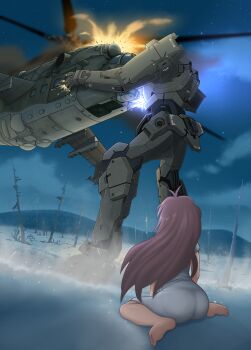 Rule 34 | 1girl, absurdres, aircraft, arm slave (mecha), attack helicopter, fire, full metal panic!, hattorin, helicopter, highres, m9 gernsback, mecha, mecha focus, mi-24, military, military vehicle, night, robot, snow, solo