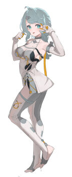 1girl absurdres alternate_breast_size_(larger) bare_shoulders birkai blue_eyes blue_hair blush braid braided_ponytail breasts cleavage clothing_cutout collarbone commentary commentary_request detached_sleeves english_commentary from_side full_body gloves hair_ornament hairpin hand_up highres latex_pants medium_breasts mixed-language_commentary see-through_dress_layer seed_(zenless_zone_zero) side_cutout simple_background solo stirrup_legwear thigh_cutout toeless_legwear toes tongue tongue_out w w_over_eye white_background white_gloves zenless_zone_zero