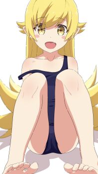 1girl :d arms_at_sides bare_legs barefoot black_one-piece_swimsuit blonde_hair blush_stickers collarbone covered_navel dot_nose eyes_visible_through_hair fang feet flat_chest flipped_hair hair_between_eyes hair_flaps highres knees_up legs long_hair monogatari_(series) na-suke one-piece_swimsuit open_mouth oshino_shinobu pointy_ears ringed_eyes school_swimsuit shadow shoulder_blush sitting smile solo straight-on strap_slip swimsuit toenails toes very_long_hair white_background yellow_eyes