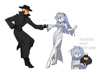 1boy 1girl air_zizon bare_shoulders black_boots black_coat black_eyes black_gloves black_hairband black_hat black_necktie blue_hair boots closed_mouth clothing_cutout coat dress eunoia_(frozen_soul) fedora frozen_soul gloves hairband hat high_heels highres lapels long_hair long_sleeves mafioso_(frozen_soul) necktie notched_lapels roblox shoes shoulder_cutout smile tiara trench_coat white_dress white_shoes