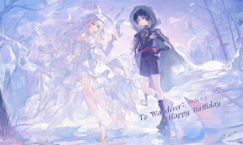 Rule 34 | 1boy, 1girl, armor, artist request, bare tree, barefoot, bird, black boots, black hair, black shirt, black shorts, black sleeves, blunt ends, boat, boots, bow, bowtie, breasts, building, character name, clear sky, closed mouth, coat, coat on shoulders, commentary request, commission, commissioner insert, couple, dated, detached sleeves, dress, eyeliner, fatui coat, flower, frilled sleeves, frills, fur-trimmed coat, fur trim, genshin impact, gold, hair flower, hair ornament, halo, hand on own chest, hand on own hip, hands up, happy birthday, hayami momo (hayamimomo), hetero, highres, japanese armor, jewelry, knee boots, kote, kurokote, lace, lace-trimmed dress, lace-up boots, lace trim, lapels, layered shorts, long hair, looking at another, makeup, mandarin collar, mitsudomoe (shape), neck ring, oar, oc x canon, open clothes, open coat, open hand, original, outdoors, parted lips, purple eyes, purple shorts, red eyeliner, red eyes, red sash, reflective floor, sash, scaramouche (genshin impact), second-party source, see-through clothes, see-through veil, shirt, short sleeves, shorts, showgirl skirt, sky, small breasts, snowing, toenails, toes, tomoe (symbol), traditional halo, tree, veil, very long hair, watercraft, wavy hair, white bird, white bow, white bowtie, white dress, white flower, white hair, white halo, white sleeves, white veil, wispy bangs