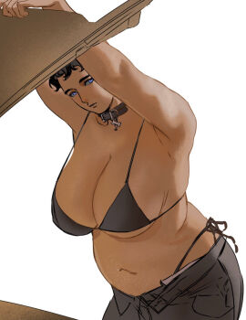 1girl arms_up belly blue_eyes bra breasts collar highres large_breasts misssyphlia open_fly plump short_hair thong tomboy underwear