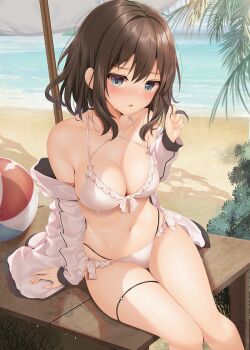 Rule 34 | 1girl, ball, beach, beachball, bikini, blue eyes, blush, breasts, brown hair, cleavage, commentary request, hair between eyes, hand in own hair, hand up, large variant set, long sleeves, looking at viewer, medium breasts, minato ojitan, navel, off shoulder, original, outdoors, parted lips, sitting, solo, stomach, swimsuit, variant set, water, wet, white bikini