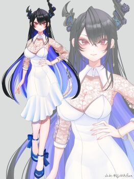 1girl absurdres black_hair black_horns blue_hair breasts dress eyelashes grey_background hand_on_own_hip highres hololive hololive_english horns large_breasts long_hair mole mole_under_eye multicolored_hair nerissa_ravencroft purple_eyes see-through_cleavage see-through_clothes see-through_dress solo_focus two-tone_hair uji10ukifune virtual_youtuber walking white_dress zoom_layer