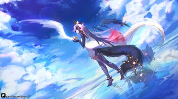 1girl angel angel_wings animal_ears apple barefoot black_fur blue_sky body_fur cloud commentary crown dog_ears dog_girl dog_tail english_commentary food from_side fruit furry furry_female highres looking_up original pita-potato profile sky standing tail torn_wings watermark web_address wings