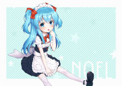 Rule 34 | apron, blue eyes, blue hair, blush, bow, bowtie, character name, diagonal striped background, finger to mouth, hair bow, highres, kasehk, maid, maid apron, maid headdress, multiple hair bows, noel (sora no method), open mouth, puffy short sleeves, puffy sleeves, short sleeves, sitting, sora no method, star (symbol), striped background, thighhighs