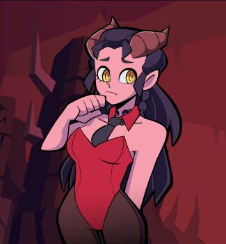 1girl absurdres arm_behind_back bare_shoulders black_choker black_hair black_pantyhose braid breasts choker colored_skin crossover dahlia_(day_of_wrath) day_of_wrath_(infinitypilot) demon demon_girl demon_horns doom_(series) doom_eternal embarrassed fanfic fantasy formal_clothes hell helltaker hexagram highres horns krembeni long_hair looking_at_viewer lying medium_breasts monster_girl neck_tattoo necktie nymph original pantyhose playboy_bunny pointy_ears raised_eyebrows red_skin red_suit ringed_eyes shy slave_tattoo solo suit tattoo tiefling yellow_eyes