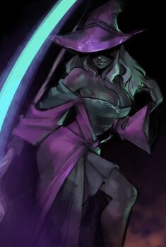 1girl bare_shoulders breasts cleavage commentary dark-skinned_female dark_skin elden_ring elden_ring_nightreign english_commentary hat hat_over_eyes large_breasts psuede purple_hat recluse_(elden_ring) solo very_dark_skin white_hair witch_hat wooden_staff