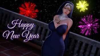 1girl 3d absurdres adapted_costume arms_behind_back bare_shoulders blonde_hair bouquetman breasts cleavage closed_eyes cross cross_necklace double_(skullgirls) dress dutch_angle fireworks highres jewelry large_breasts lipstick makeup necklace new_year nun railing red_lips skullgirls solo tile_floor tiles