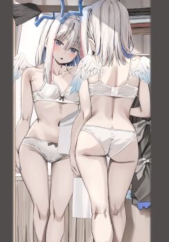 1girl absurdres amane_kanata ass blue_hair blue_halo bow bow_panties bra breasts collarbone colored_inner_hair commentary crotch_seam feathered_wings grey_hair halo highres hololive kneepits looking_at_viewer mini_wings mirror multicolored_hair open_mouth panties pink_eyes pink_hair reflection scarlet_(wv0102) small_breasts solo star_halo streaked_hair symbol-only_commentary underwear underwear_only white_bra white_panties white_wings wings