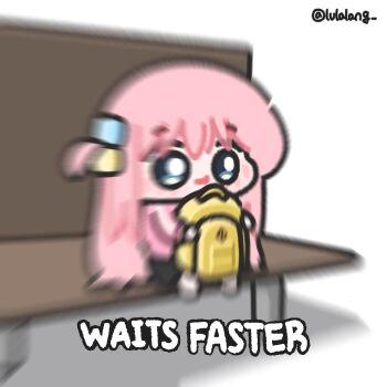 1girl backpack bag bench blue_eyes blurry bocchi_the_rock! chibi chibi_only closed_mouth cube_hair_ornament full_body gotoh_hitori hair_ornament highres holding holding_bag jacket long_hair lulalang meme on_bench one_side_up pink_hair pink_jacket sitting solo twitter_username waits_faster_(meme) white_background